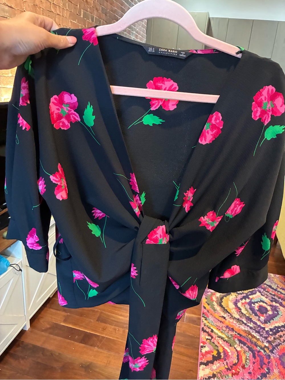 Zara Black Floral Wrap Blouse with Pink Flowers - Picture 3 of 5